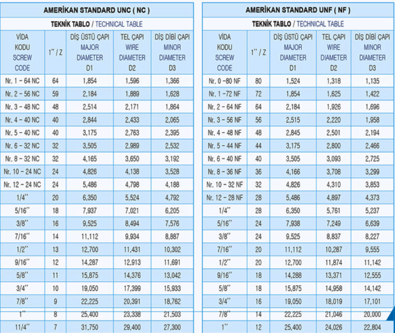 Amerikan Standart Diş Ölçüleri ölçü görseli